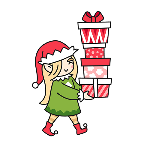 A cartoon Christmas elf smiles while carrying a tall stack of gifts.