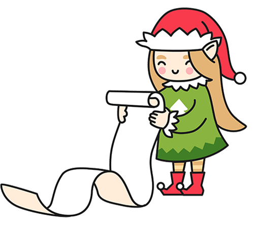 A cartoon Christmas elf smiles while reading a long scroll-like list.