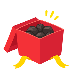 A cartoon gift box containing several lumps of coal