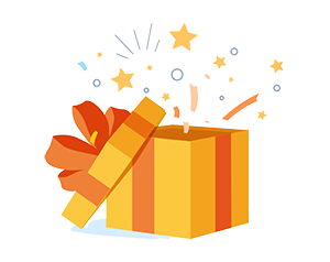 An open cartoon gift box with
    confetti and stars coming out of it.